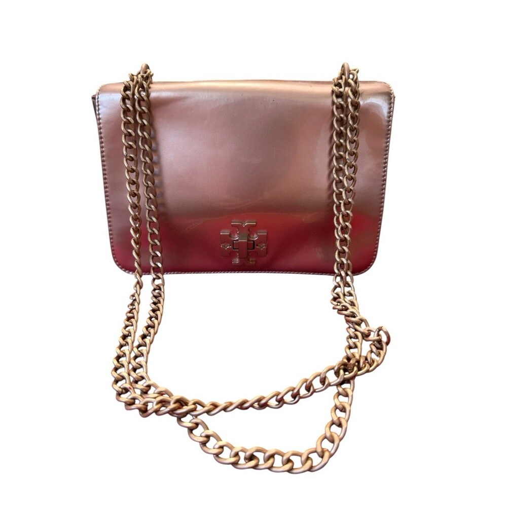 Tory Burch Mercer Metallic Rose Gold Patent Leather Chain Shoulder Bag